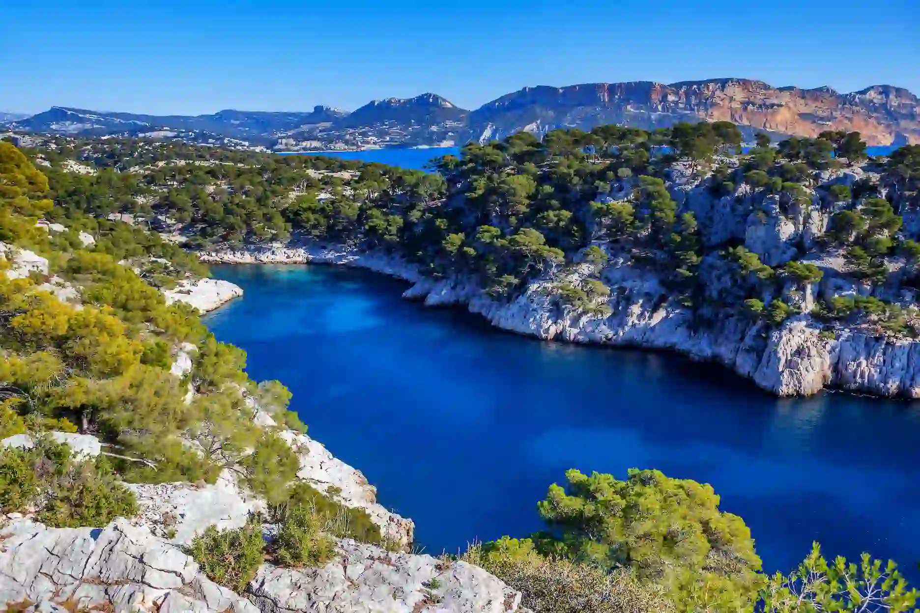 Vue sur une calanque des Bouches-du-Rhône avec eau turquoise, falaises calcaires et végétation méditerranéenne.